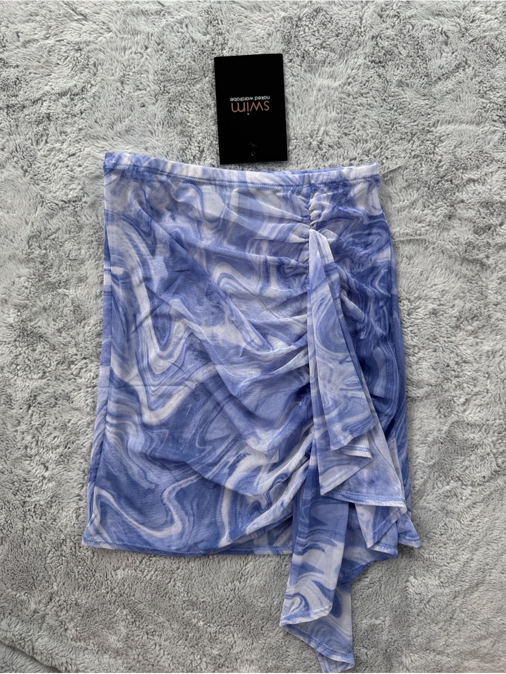 Naked Wardrobe Swim Mesh Ruched Ruffle Mini Skirt Marble Swirl Blue Small